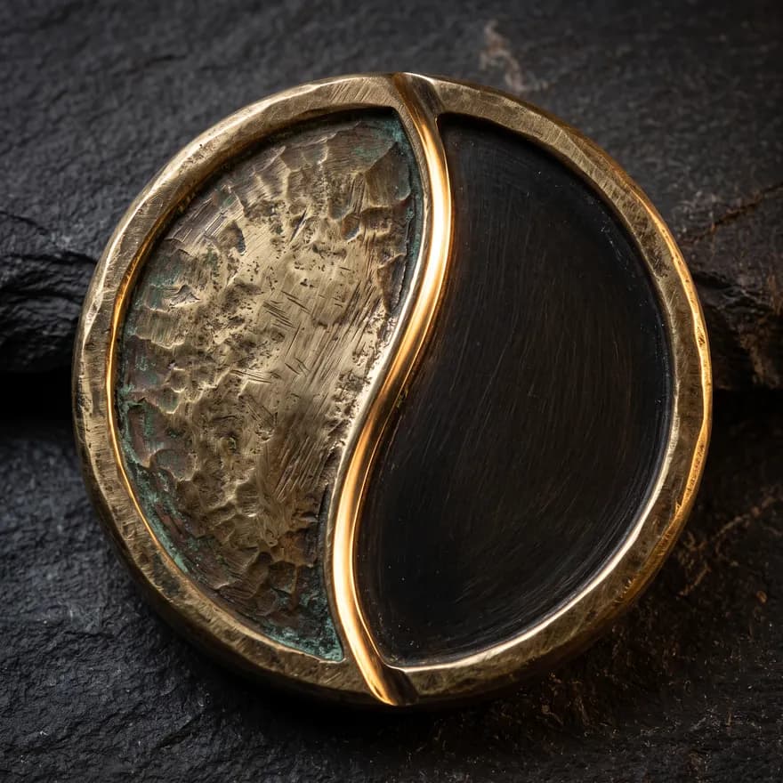 The Very Lucky brand mark forged in solid brass, resting on basalt
